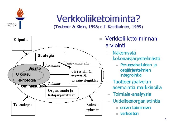 Verkkoliiketoiminta? (Teubner & Klein, 1998; c. f. Kastikainen, 1999) n Kilpailu – Näkemystä kokonaisjärjestelmästä