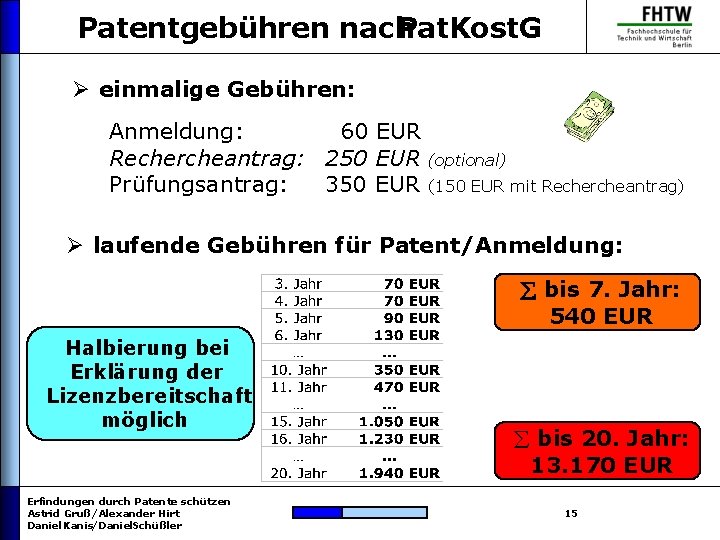 Patentgebühren nach Pat. Kost. G Ø einmalige Gebühren: Anmeldung: 60 EUR Rechercheantrag: 250 EUR