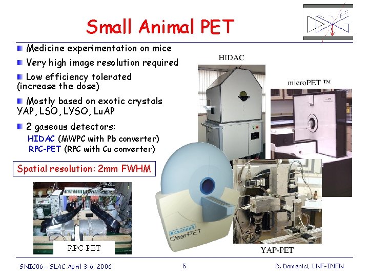 Small Animal PET Medicine experimentation on mice Very high image resolution required Low efficiency