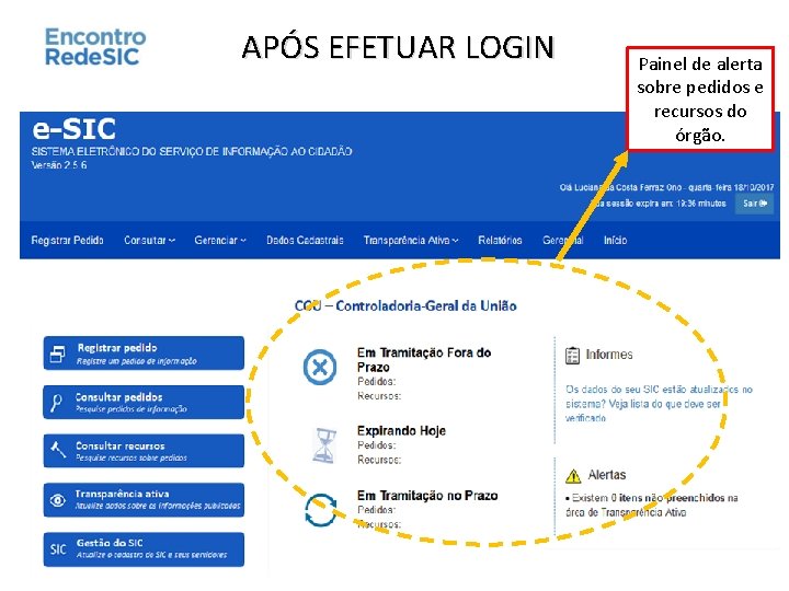 APÓS EFETUAR LOGIN Painel de alerta sobre pedidos e recursos do órgão. 