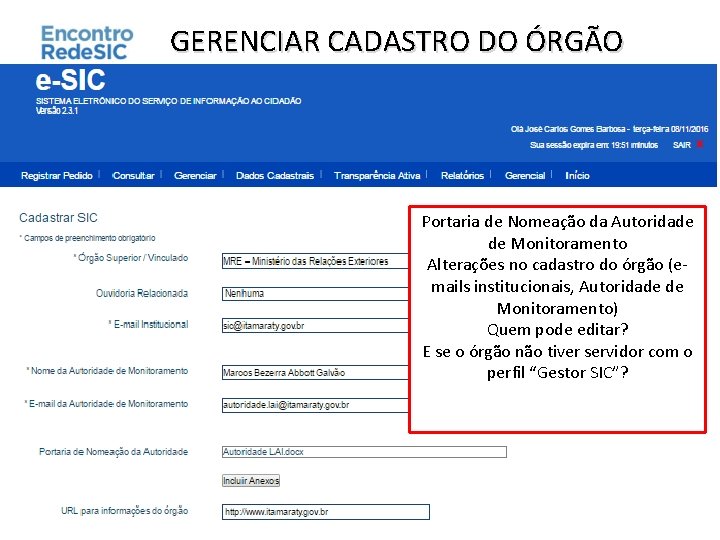 GERENCIAR CADASTRO DO ÓRGÃO Portaria de Nomeação da Autoridade de Monitoramento Alterações no cadastro