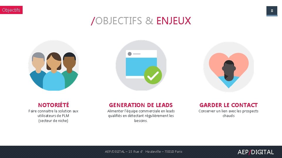 Objectifs 8 /OBJECTIFS & ENJEUX NOTORIÉTÉ Faire connaitre la solution aux utilisateurs de PLM