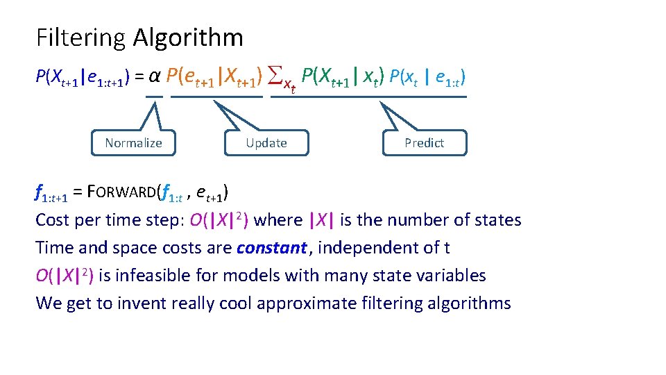 Filtering Algorithm P(Xt+1|e 1: t+1) = α P(et+1|Xt+1) x P(Xt+1| xt) P(xt | e