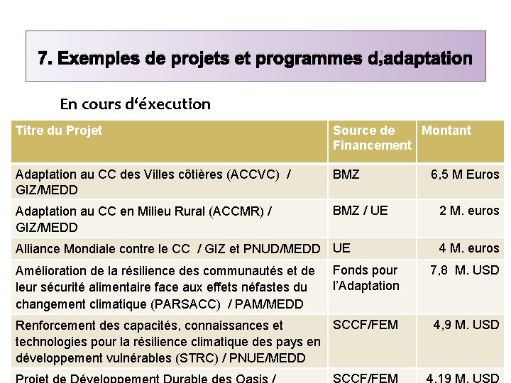 7. Exemples de projets et programmes d’adaptation En cours d‘éxecution Titre du Projet Source