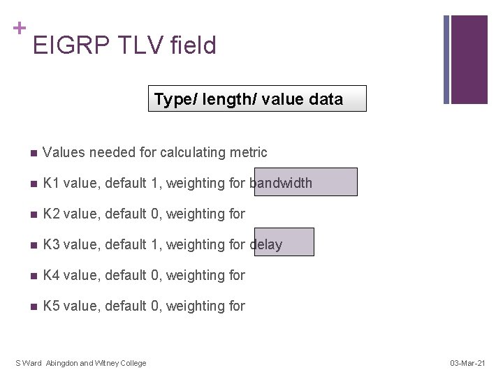 + EIGRP TLV field Type/ length/ value data n Values needed for calculating metric