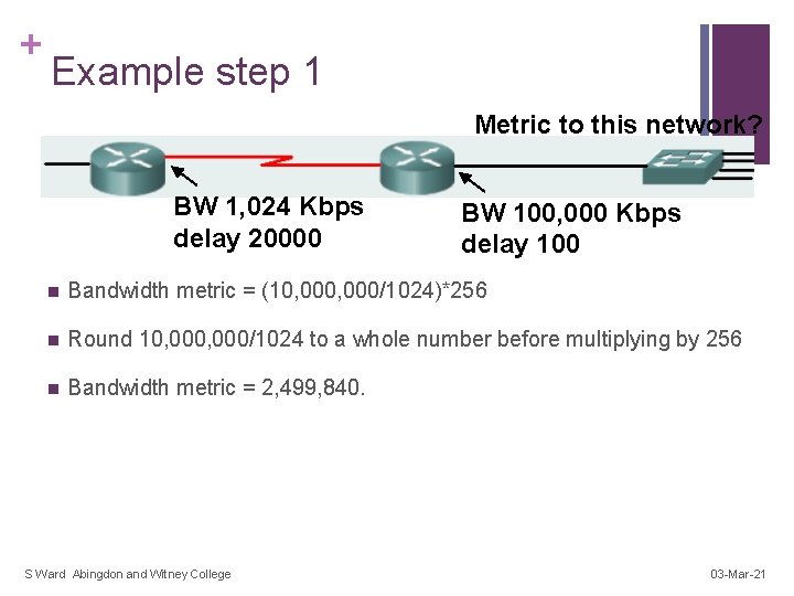 + Example step 1 Metric to this network? BW 1, 024 Kbps delay 20000