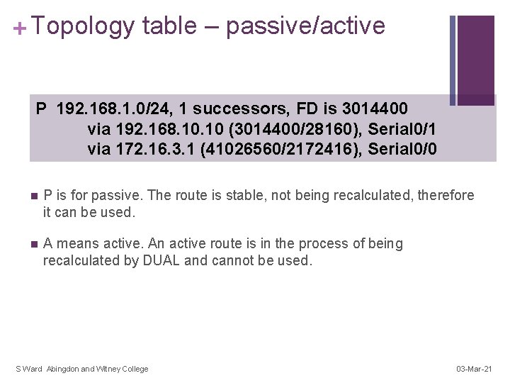 + Topology table – passive/active P 192. 168. 1. 0/24, 1 successors, FD is