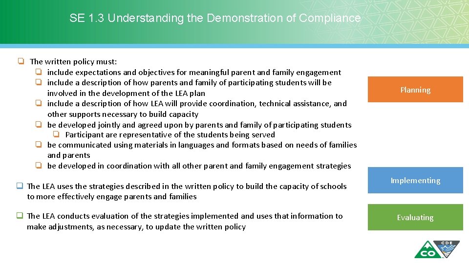 SE 1. 3 Understanding the Demonstration of Compliance ❏ The written policy must: ❏ SE 1. 3 Understanding the Demonstration of Compliance ❏ The written policy must: ❏