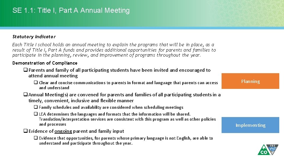 SE 1. 1: Title I, Part A Annual Meeting Statutory Indicator Each Title I SE 1. 1: Title I, Part A Annual Meeting Statutory Indicator Each Title I