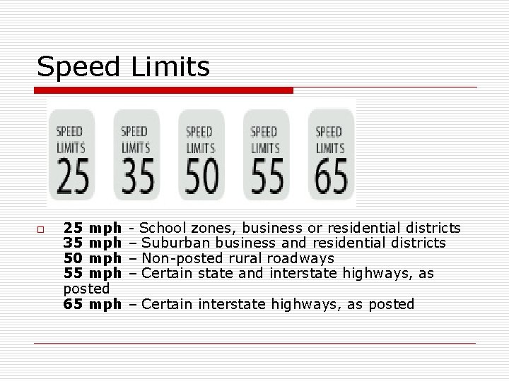 Speed Limits o 25 mph 35 mph 50 mph 55 mph posted 65 mph