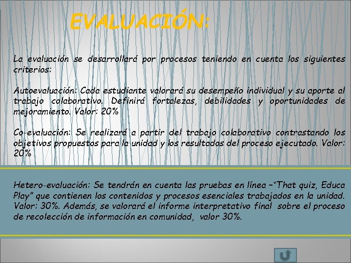 EVALUACIÓN: La evaluación se desarrollará por procesos teniendo en cuenta los siguientes criterios: Autoevaluación: