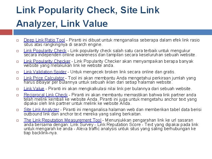 Link Popularity Check, Site Link Analyzer, Link Value Deep Link Ratio Tool - Piranti