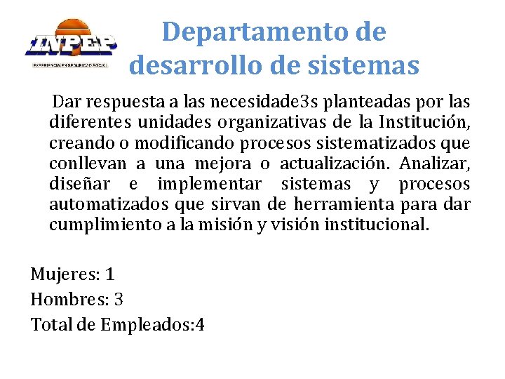 Departamento de desarrollo de sistemas Dar respuesta a las necesidade 3 s planteadas por