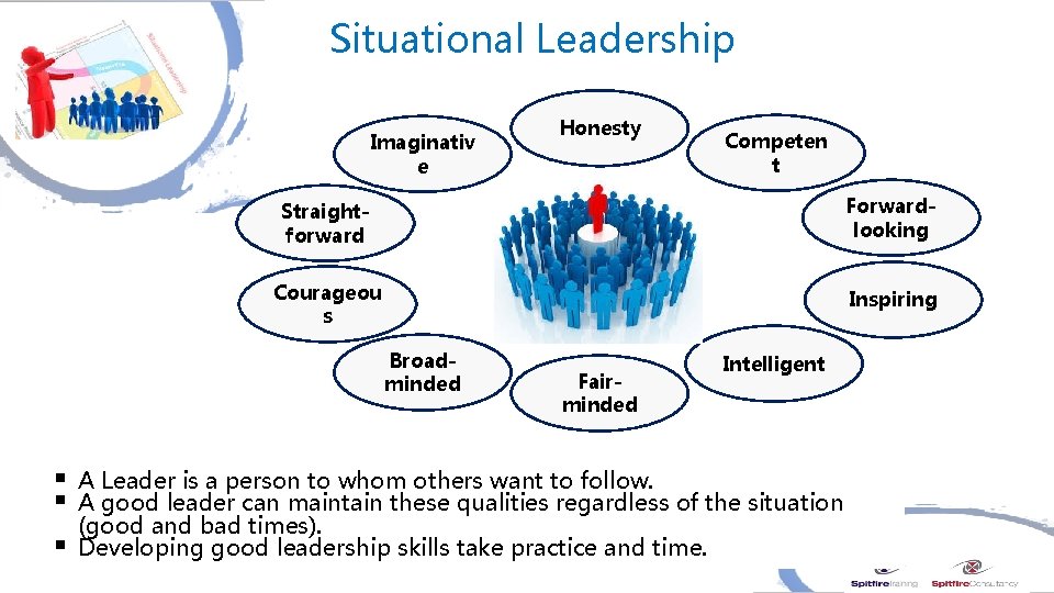 Situational Leadership Imaginativ e Honesty Competen t Straightforward Forwardlooking Courageou s Inspiring Broadminded Fairminded