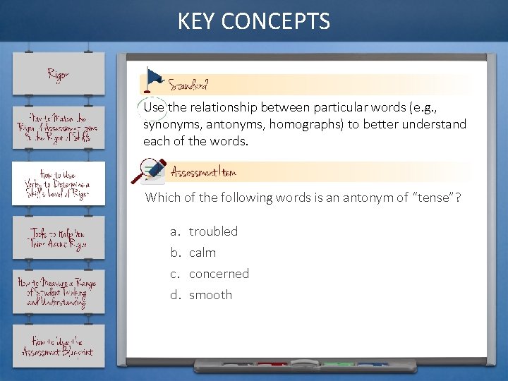 KEY CONCEPTS Use the relationship between particular words (e. g. , synonyms, antonyms, homographs)