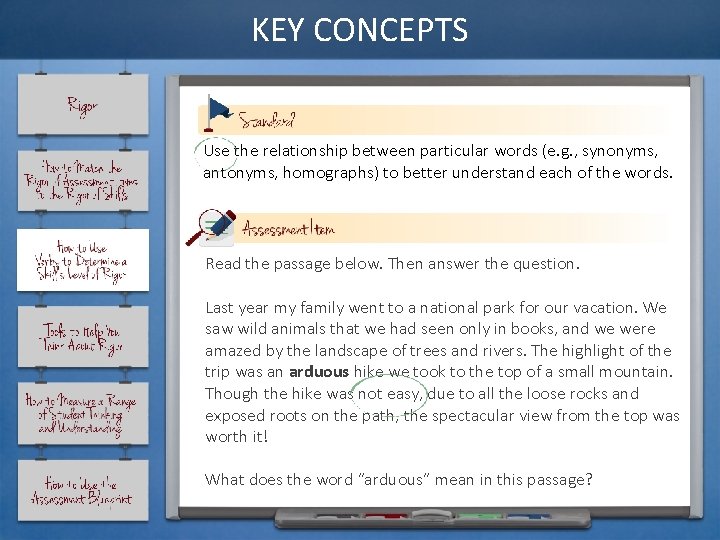 KEY CONCEPTS Use the relationship between particular words (e. g. , synonyms, antonyms, homographs)