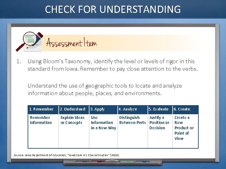 CHECK FOR UNDERSTANDING 1. Using Bloom’s Taxonomy, identify the level or levels of rigor