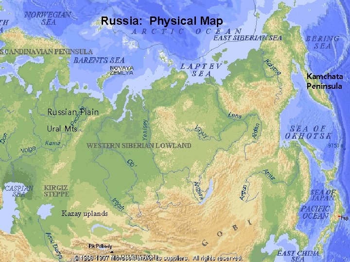 Russia: Physical Map Kamchata Peninsula Russian Plain Ural Mts Kazay uplands 