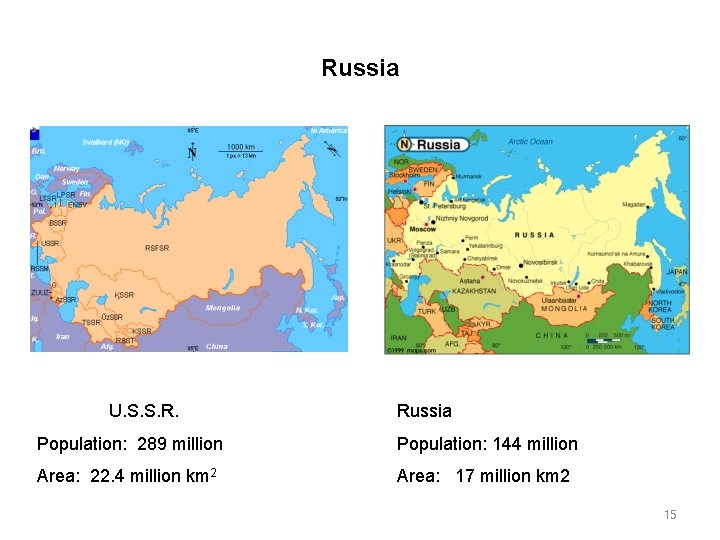 Russia U. S. S. R. Russia Population: 289 million Population: 144 million Area: 22.