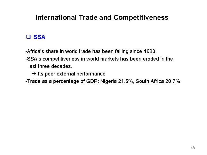 International Trade and Competitiveness ❑ SSA Africa’s share in world trade has been falling
