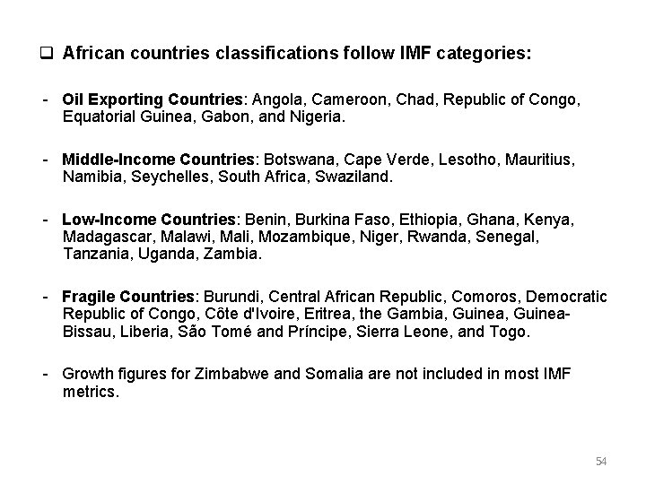  African countries classifications follow IMF categories: Oil Exporting Countries: Angola, Cameroon, Chad, Republic