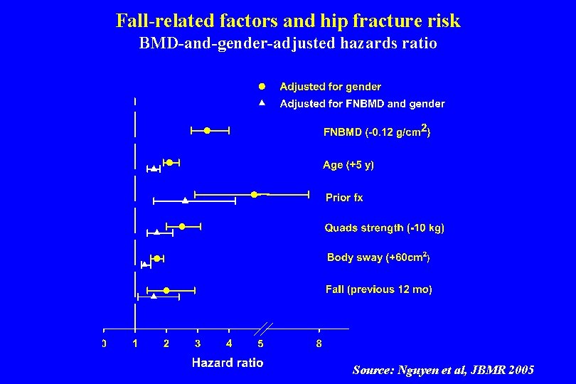 Fall-related factors and hip fracture risk BMD-and-gender-adjusted hazards ratio Source: Nguyen et al, JBMR