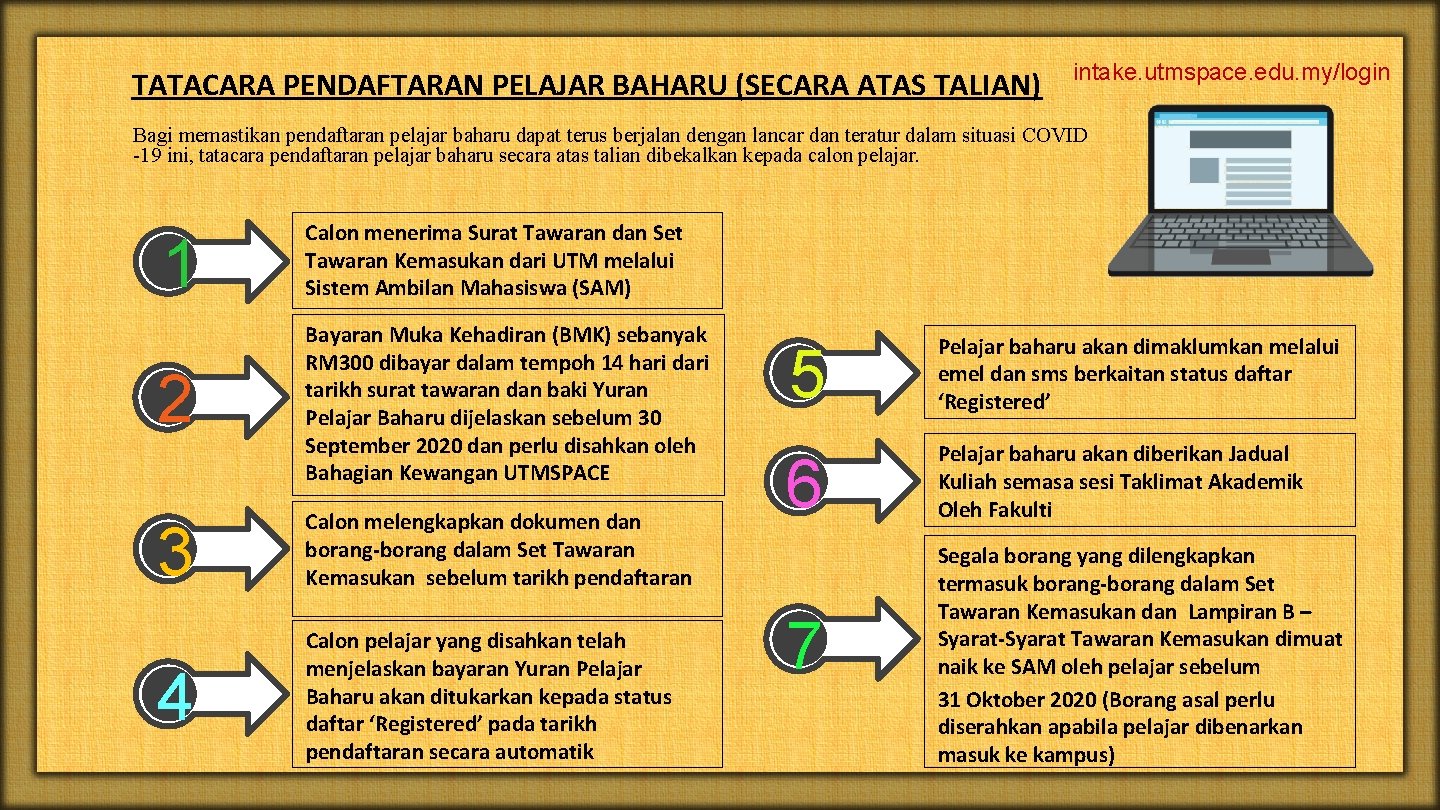 TATACARA PENDAFTARAN PELAJAR BAHARU (SECARA ATAS TALIAN) intake. utmspace. edu. my/login Bagi memastikan pendaftaran
