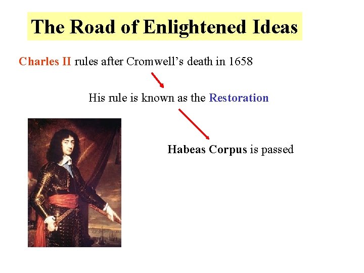 The Road of Enlightened Ideas Charles II rules after Cromwell’s death in 1658 His