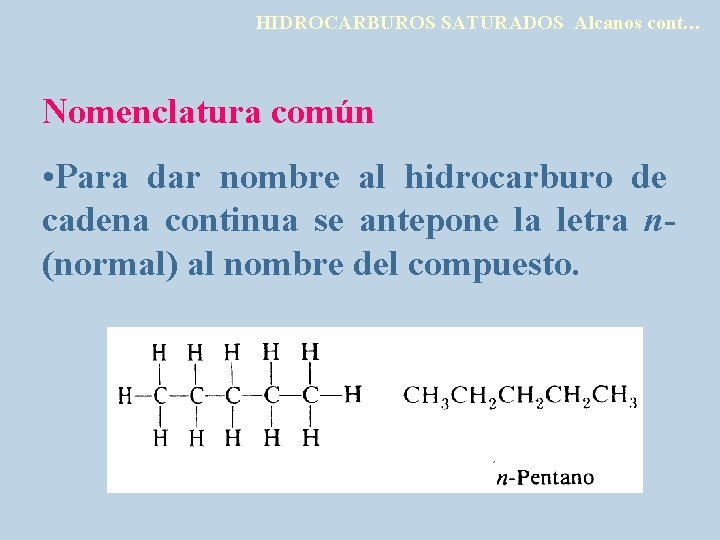 HIDROCARBUROS SATURADOS Alcanos cont… Nomenclatura común • Para dar nombre al hidrocarburo de cadena