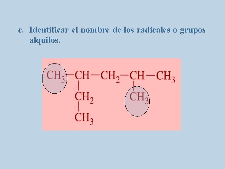 c. Identificar el nombre de los radicales o grupos alquilos. 