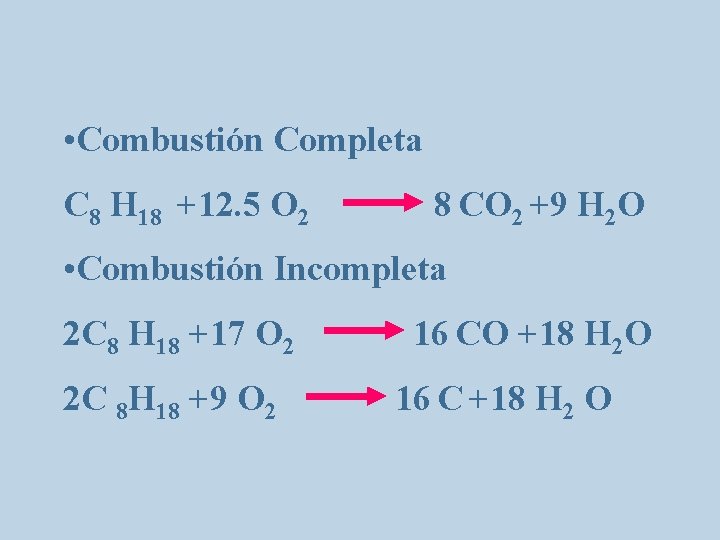  • Combustión Completa C 8 H 18 +12. 5 O 2 8 CO