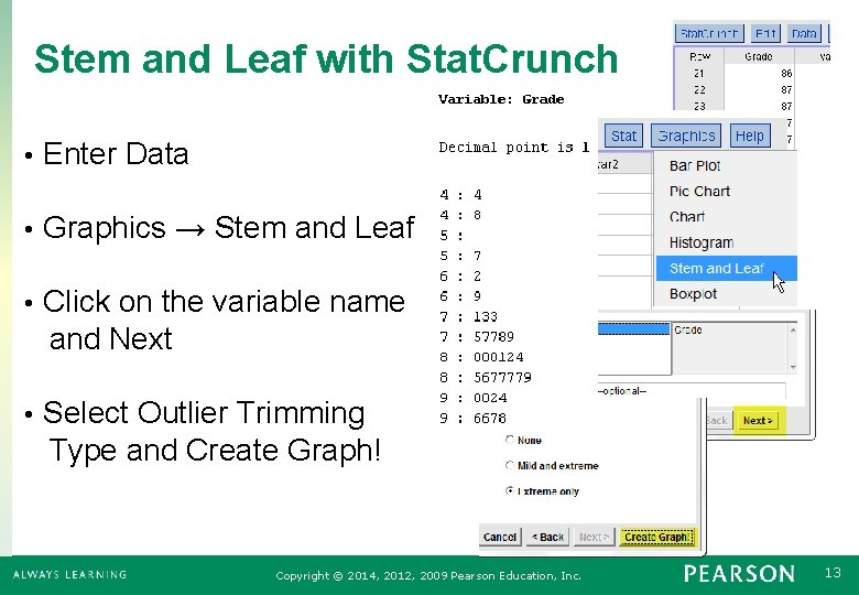 Stem and Leaf with Stat. Crunch • Enter Data • Graphics → Stem and