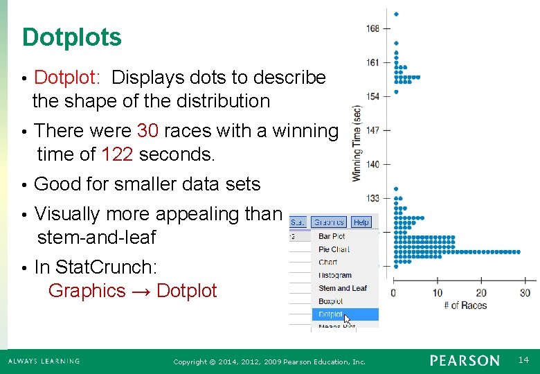 Dotplots Dotplot: Displays dots to describe the shape of the distribution • There were