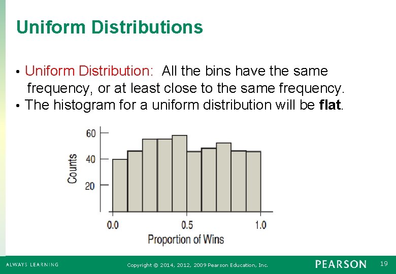 Uniform Distributions Uniform Distribution: All the bins have the same frequency, or at least