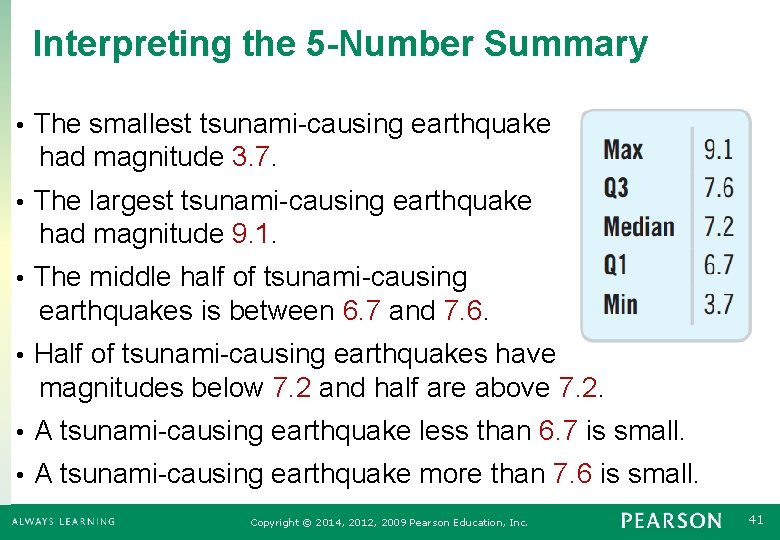 Interpreting the 5 -Number Summary The smallest tsunami-causing earthquake had magnitude 3. 7. •