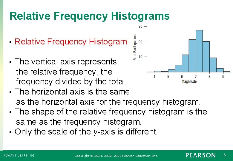 Relative Frequency Histograms • Relative Frequency Histogram The vertical axis represents the relative frequency,