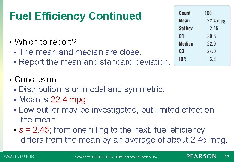Fuel Efficiency Continued • Which to report? • The mean and median are close.