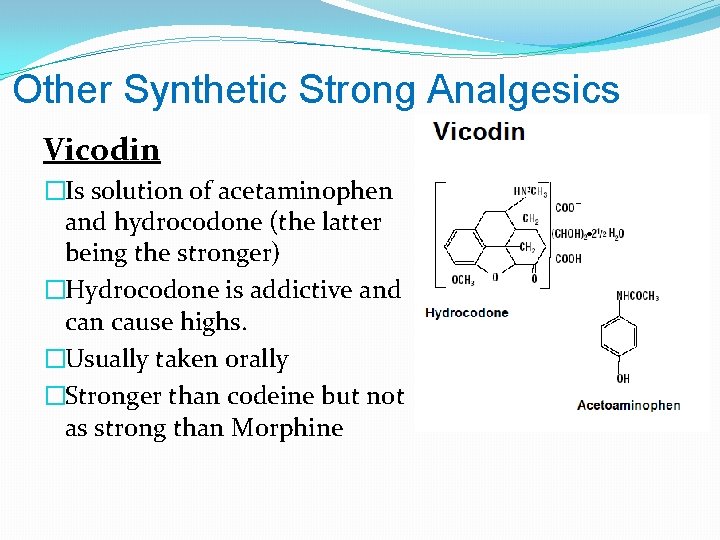 Other Synthetic Strong Analgesics Vicodin �Is solution of acetaminophen and hydrocodone (the latter being