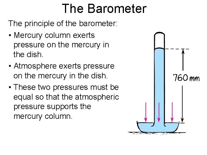 The Barometer The principle of the barometer: • Mercury column exerts pressure on the