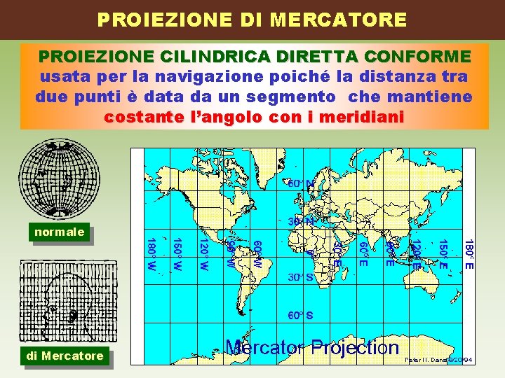 PROIEZIONE DI MERCATORE PROIEZIONE CILINDRICA DIRETTA CONFORME usata per la navigazione poiché la distanza