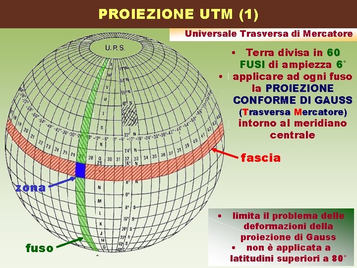 PROIEZIONE UTM (1) Universale Trasversa di Mercatore • Terra divisa in 60 FUSI di