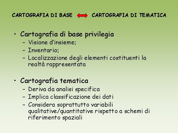 CARTOGRAFIA DI BASE CARTOGRAFIA DI TEMATICA • Cartografia di base privilegia – Visione d’insieme;