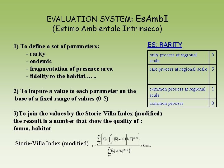 EVALUATION SYSTEM: Es. Amb. I (Estimo Ambientale Intrinseco) 1) To define a set of
