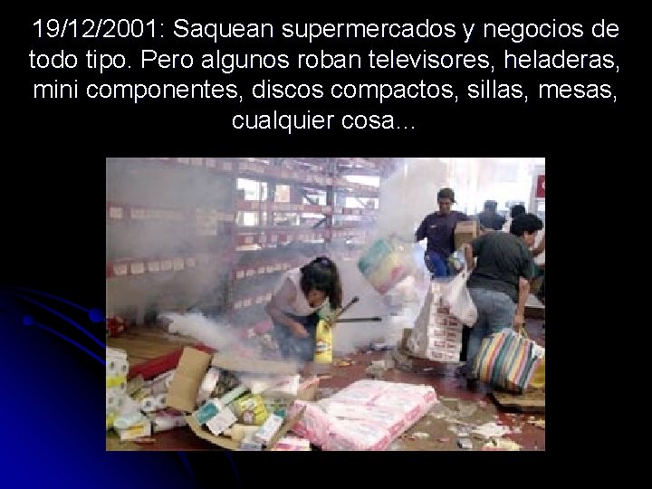 19/12/2001: Saquean supermercados y negocios de todo tipo. Pero algunos roban televisores, heladeras, mini