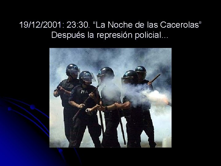 19/12/2001: 23: 30. “La Noche de las Cacerolas” Después la represión policial… 