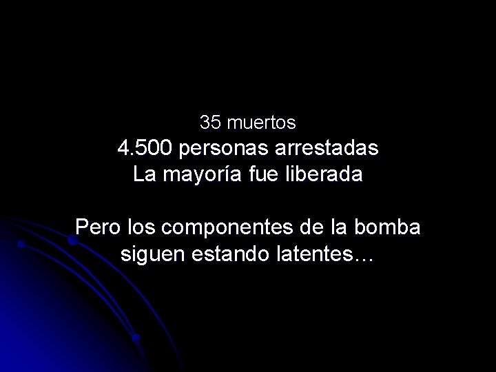 35 muertos 4. 500 personas arrestadas La mayoría fue liberada Pero los componentes de