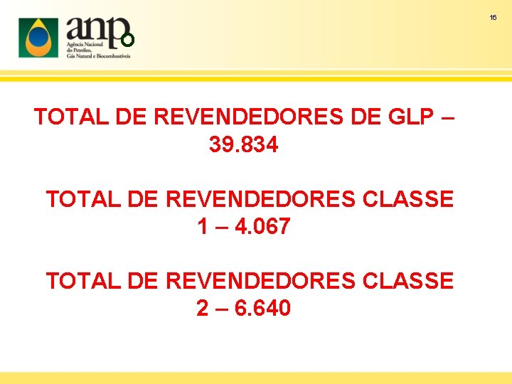 16 O TOTAL DE REVENDEDORES DE GLP – 39. 834 TOTAL DE REVENDEDORES CLASSE