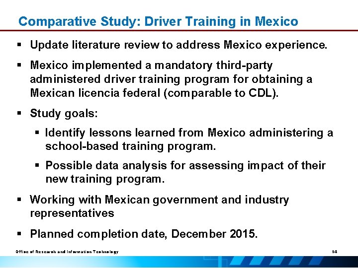 Comparative Study: Driver Training in Mexico § Update literature review to address Mexico experience.