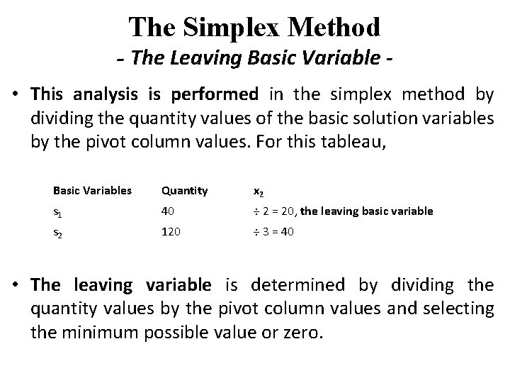 The Simplex Method - The Leaving Basic Variable • This analysis is performed in