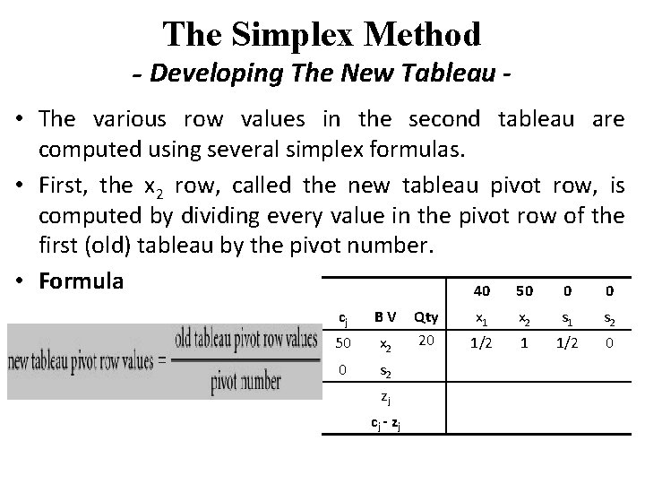 The Simplex Method - Developing The New Tableau • The various row values in